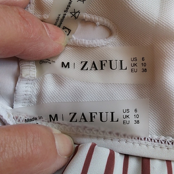 Zaful Cut-Out Striped Two Piece Bikini High Waisted Cheeky Bottom 6 White Maroon - Picture 2 of 16